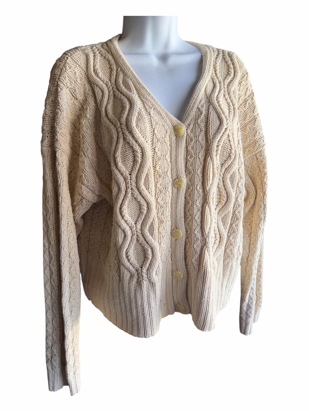 VINTAGE Laura Ashley Classic Cream Cable Knit V-Neck Cardigan